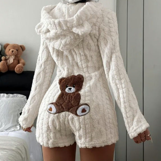 Womens Casual Solid Color Hooded Long Sleeve Plush Jumpsuit