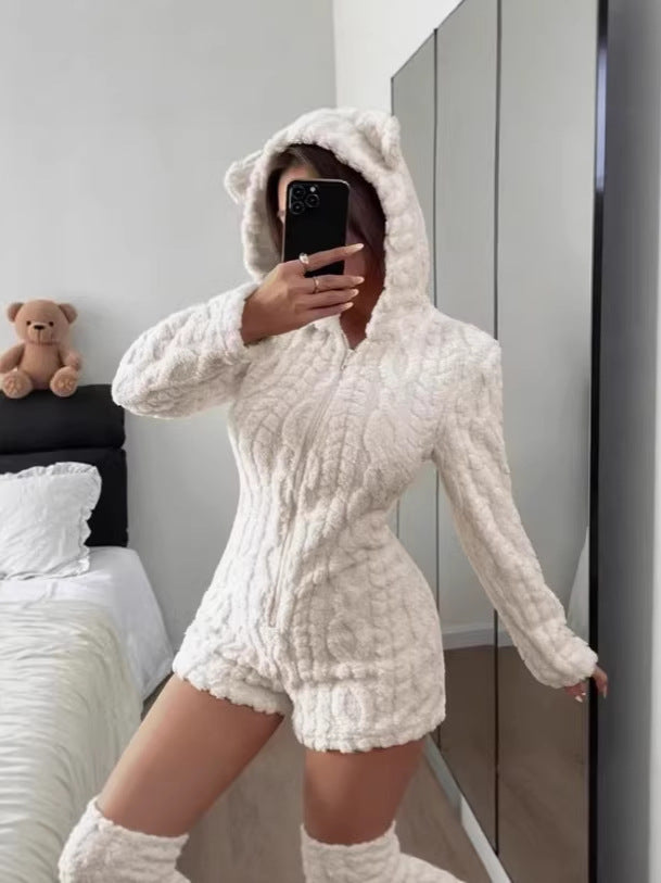 Womens Casual Solid Color Hooded Long Sleeve Plush Jumpsuit
