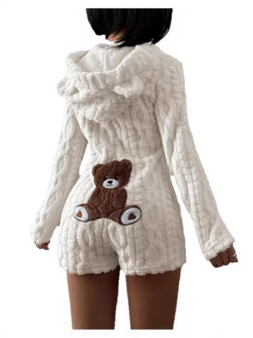 Womens Casual Solid Color Hooded Long Sleeve Plush Jumpsuit