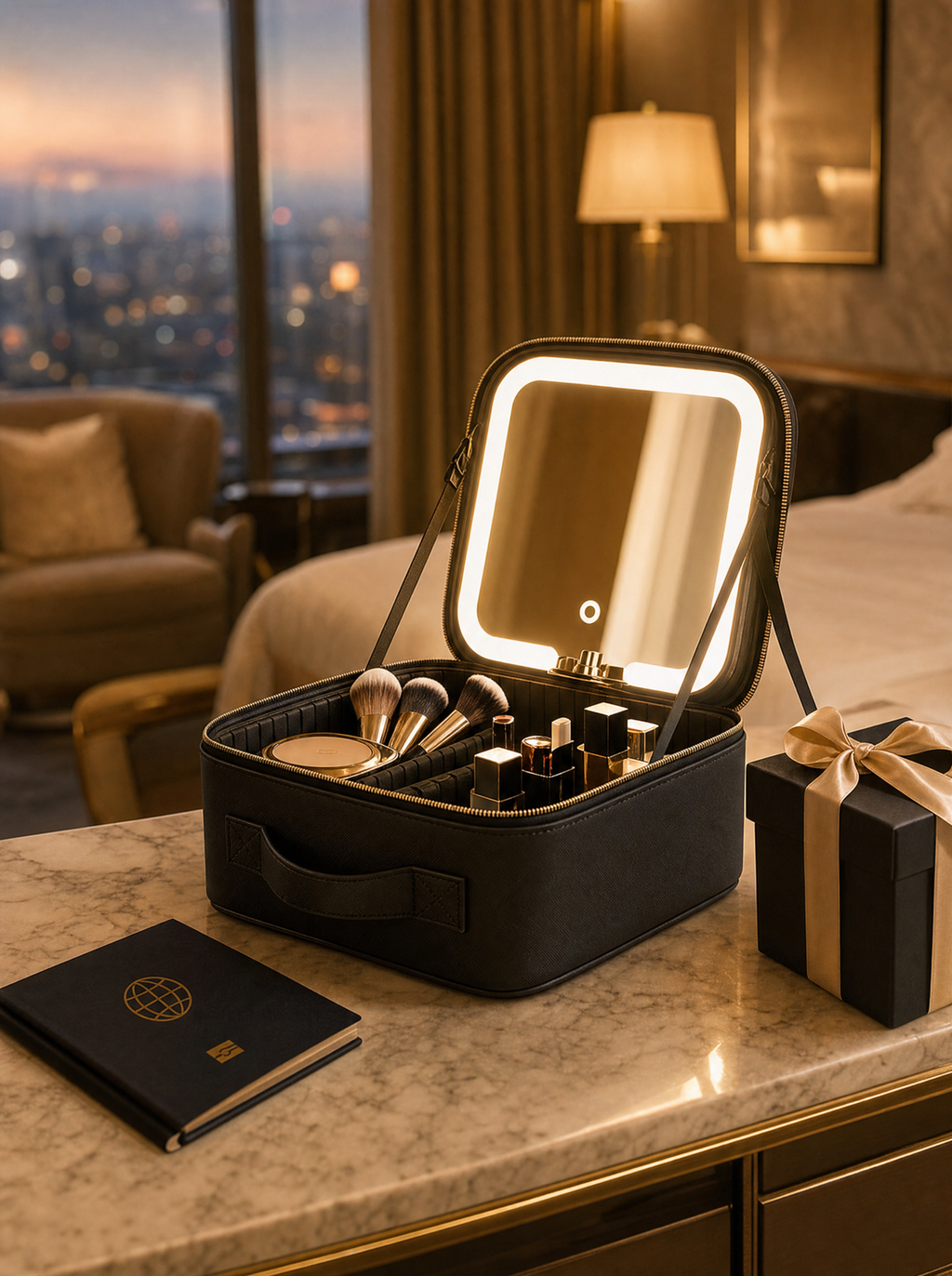 Glow Anywhere LED makeup tote open on a hotel vanity with its mirror lit