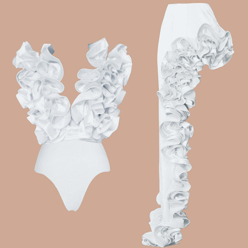 Lace V-Neck Swimsuit with Asymmetric Skirt