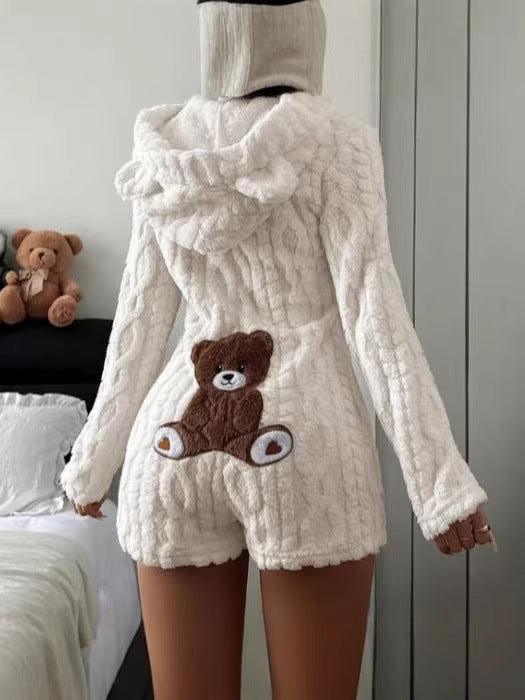 Womens Casual Solid Color Hooded Long Sleeve Plush Jumpsuit