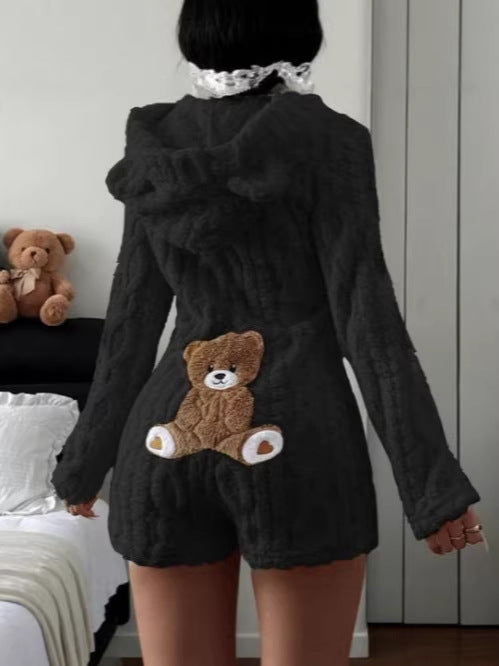 Womens Casual Solid Color Hooded Long Sleeve Plush Jumpsuit