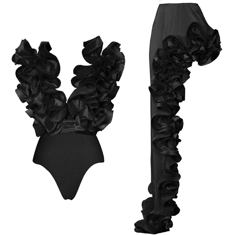 Lace V-Neck Swimsuit with Asymmetric Skirt