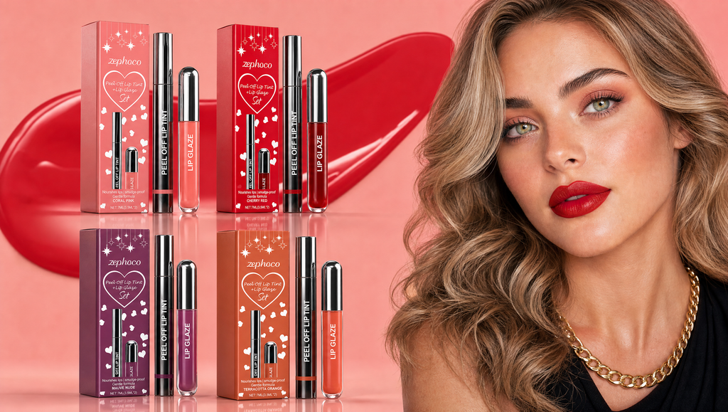 Peel-off Lip Liner and Lip Stain sets in Coral Pink, Cherry Red, Mauve Nude and Terracotta Orange beside a model with red lips