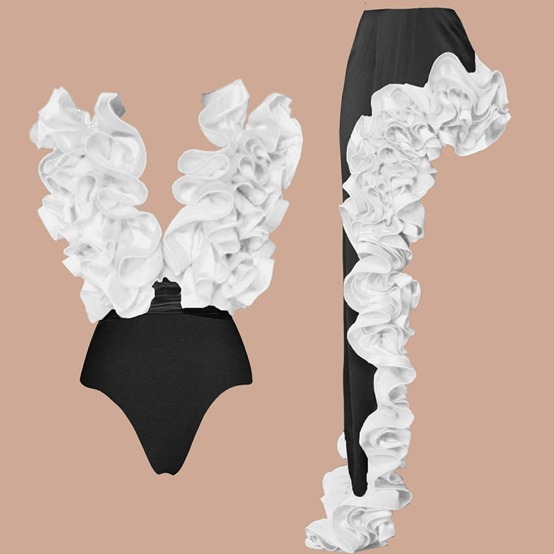 Lace V-Neck Swimsuit with Asymmetric Skirt