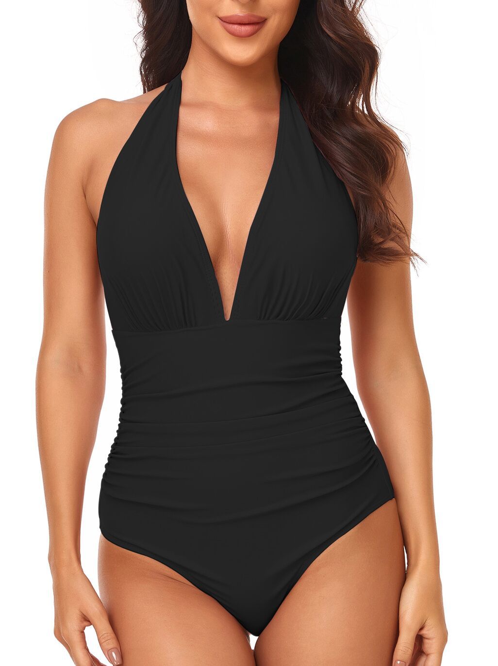 Pleated Neck Solid Bikini