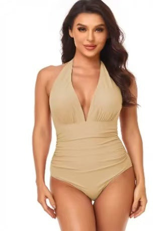 Pleated Neck Solid Bikini