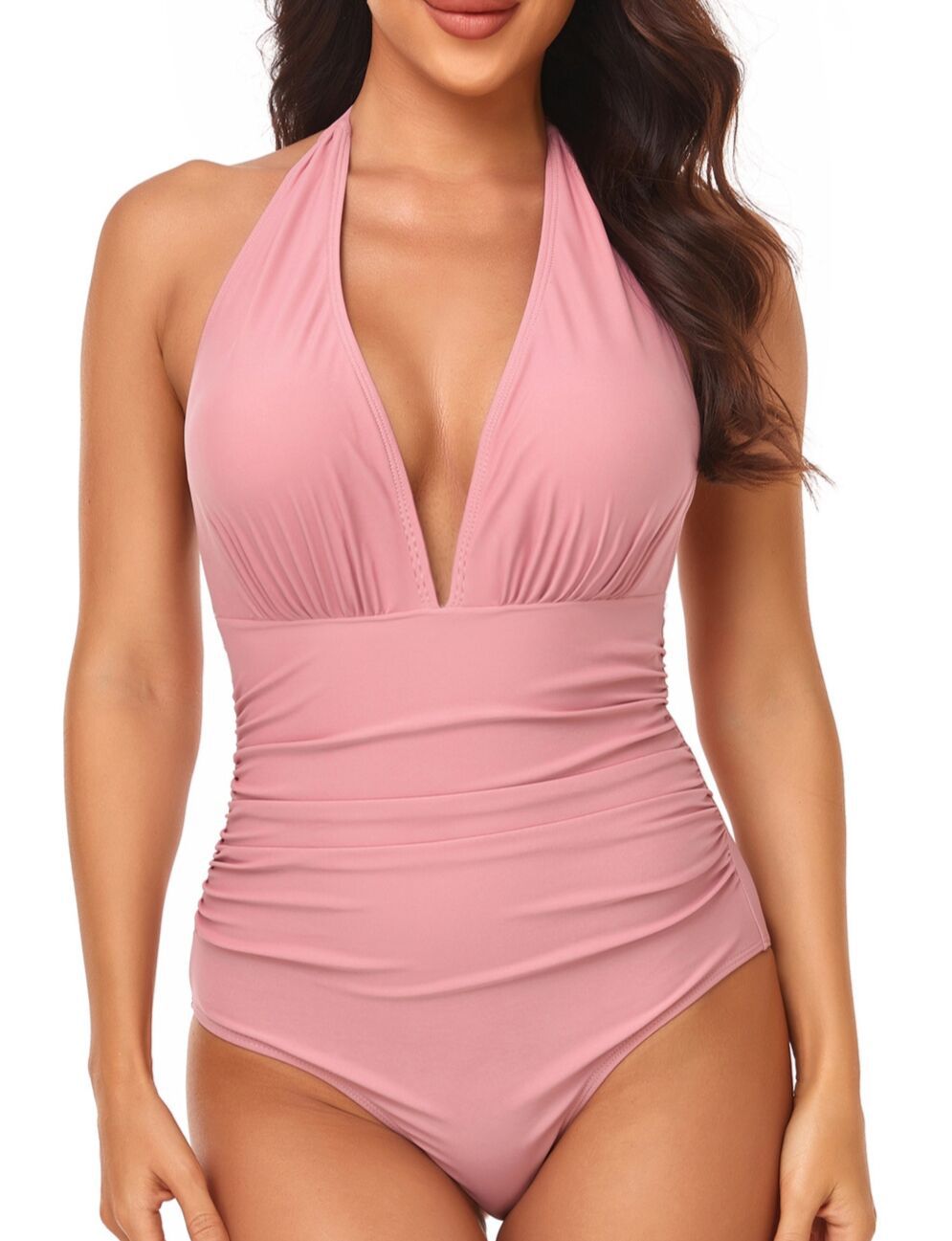 Pleated Neck Solid Bikini