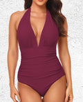 Pleated Neck Solid Bikini