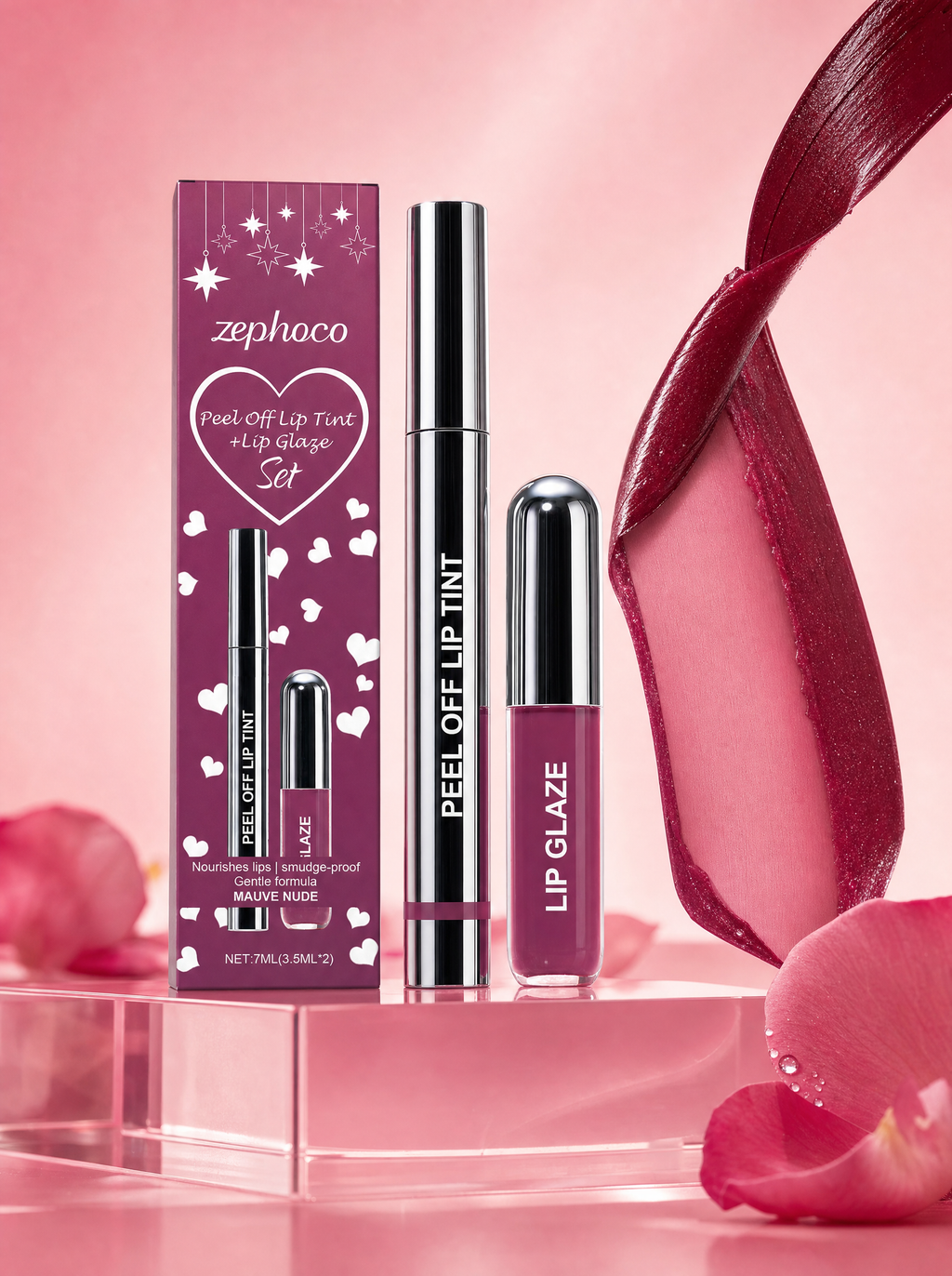 Peel-off Lip Liner and Lip Stain set with lip tint peeling off in a satin ribbon