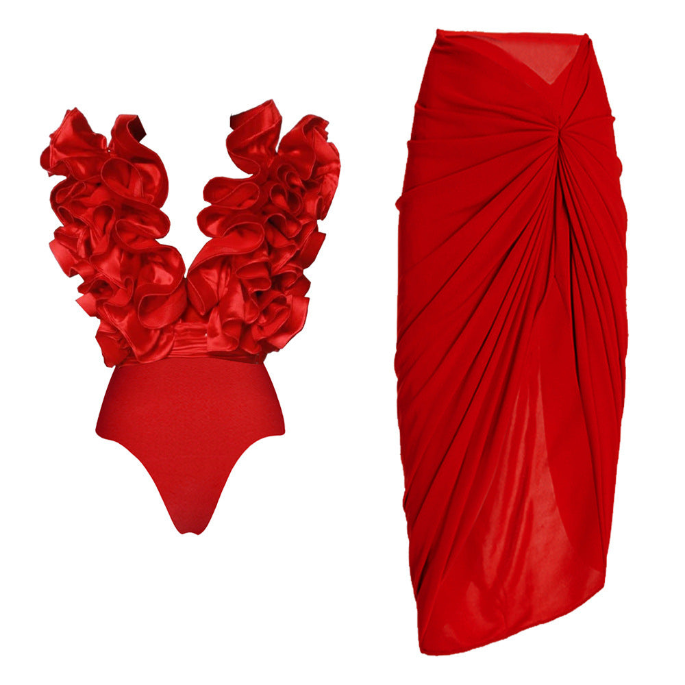 Lace V-Neck Swimsuit with Asymmetric Skirt