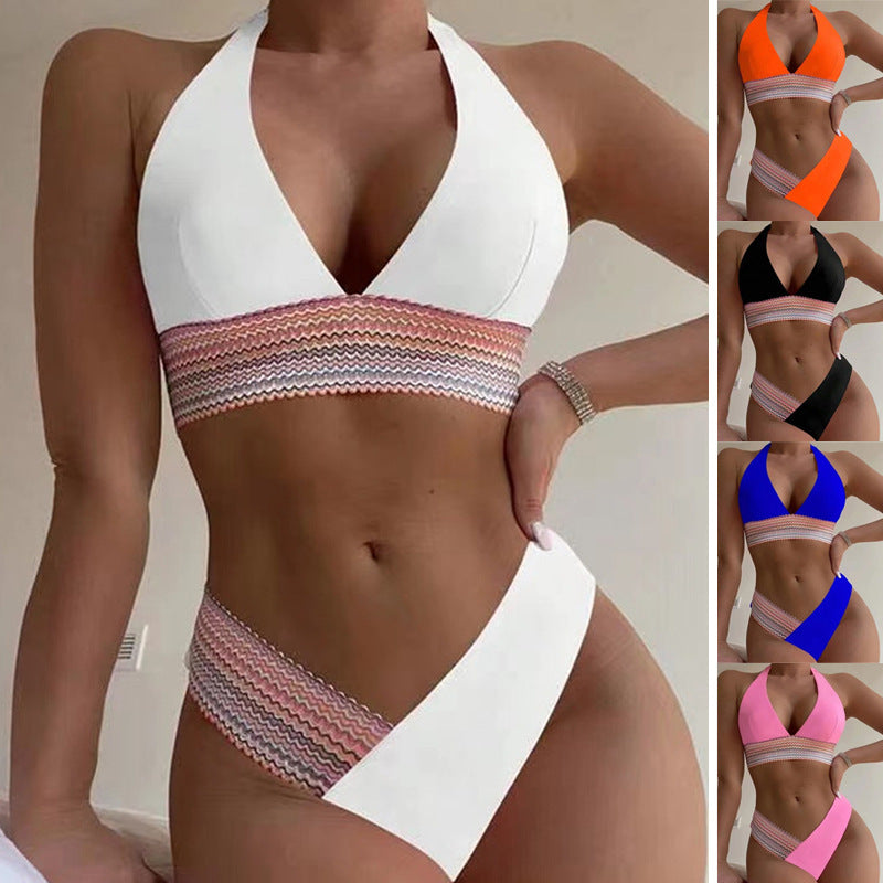 Women Sexy Tie-Up Patchwork High Waist Bikini Set
