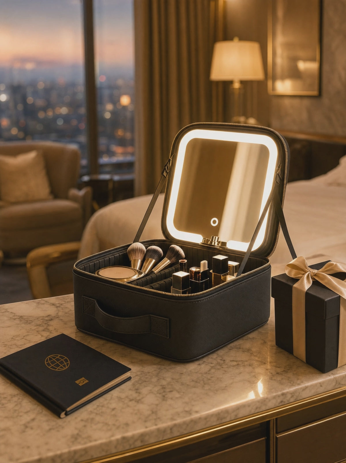 Glow Anywhere LED makeup tote with its mirror lighting up on a hotel vanity