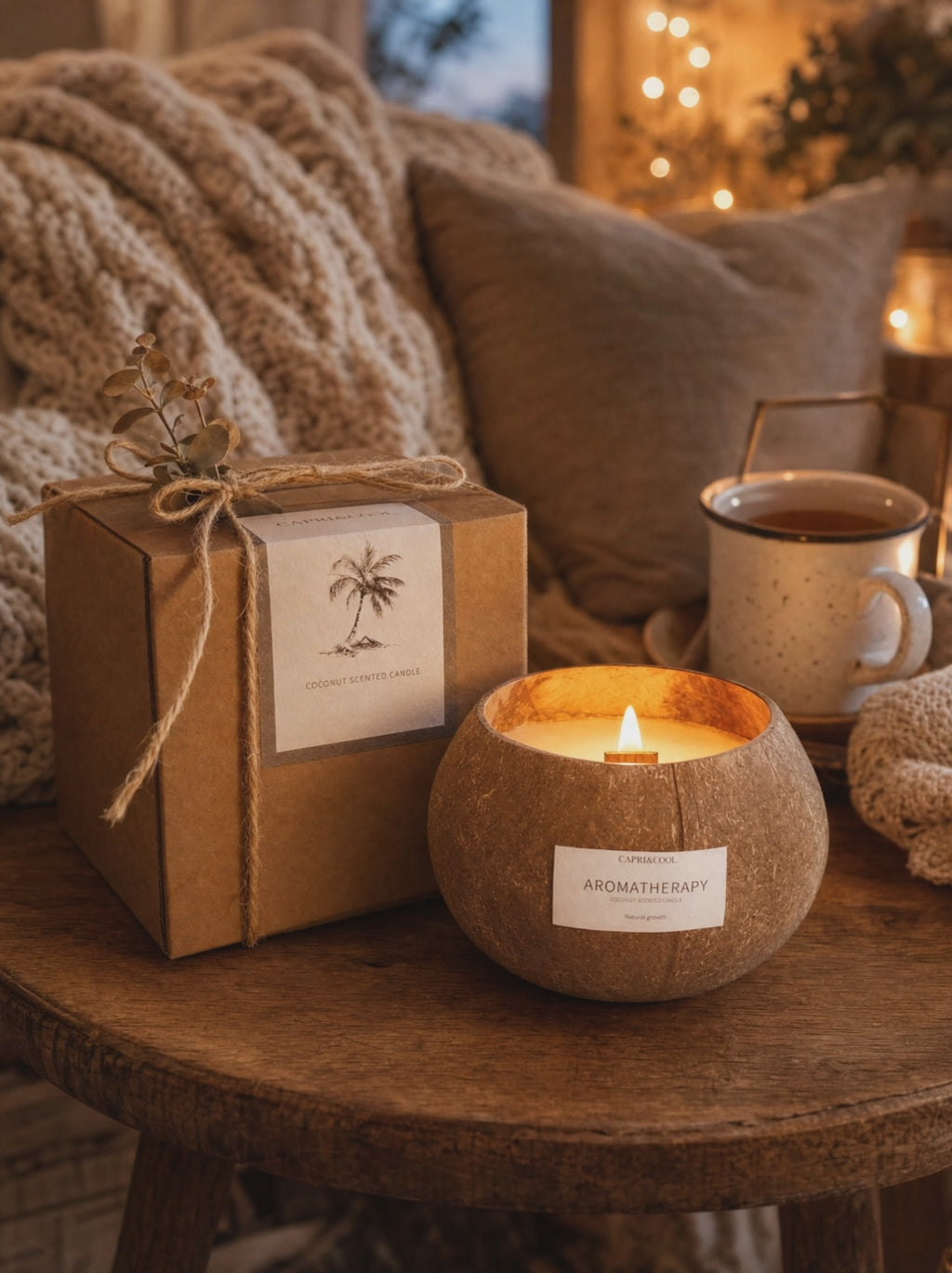 Lit coconut shell candle flickering beside its kraft gift box