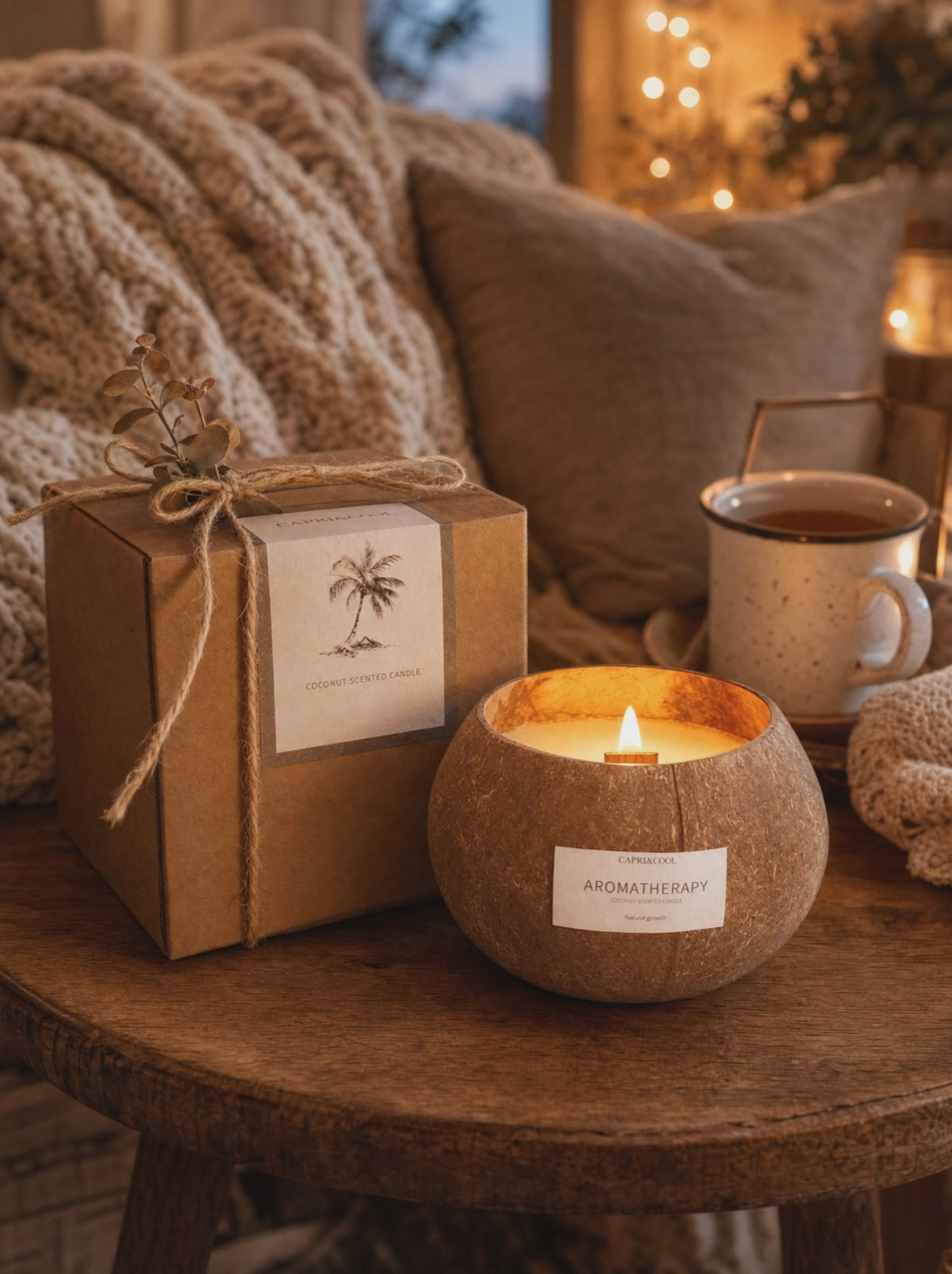 Lit coconut shell candle flickering beside its kraft gift box
