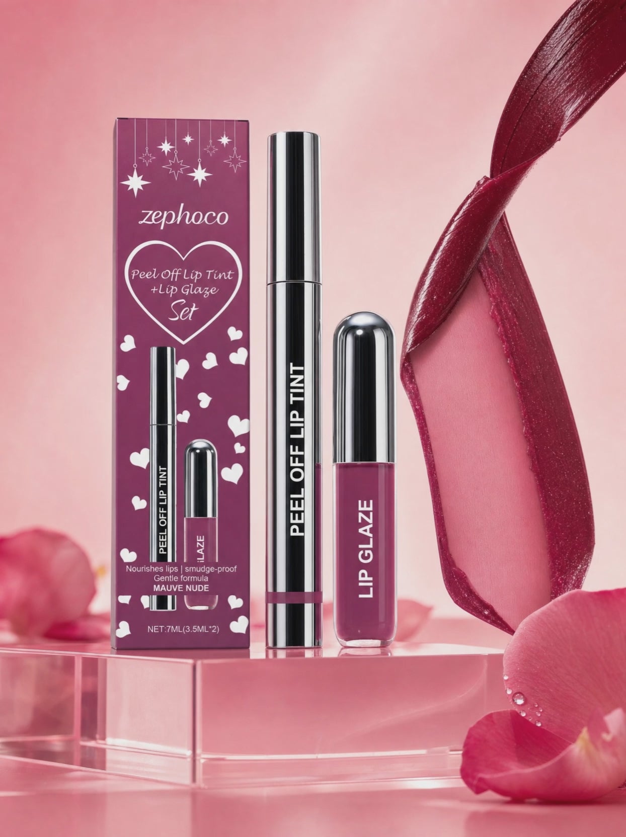 Peel-off lip tint and lip glaze set with a berry lip tint ribbon peeling off