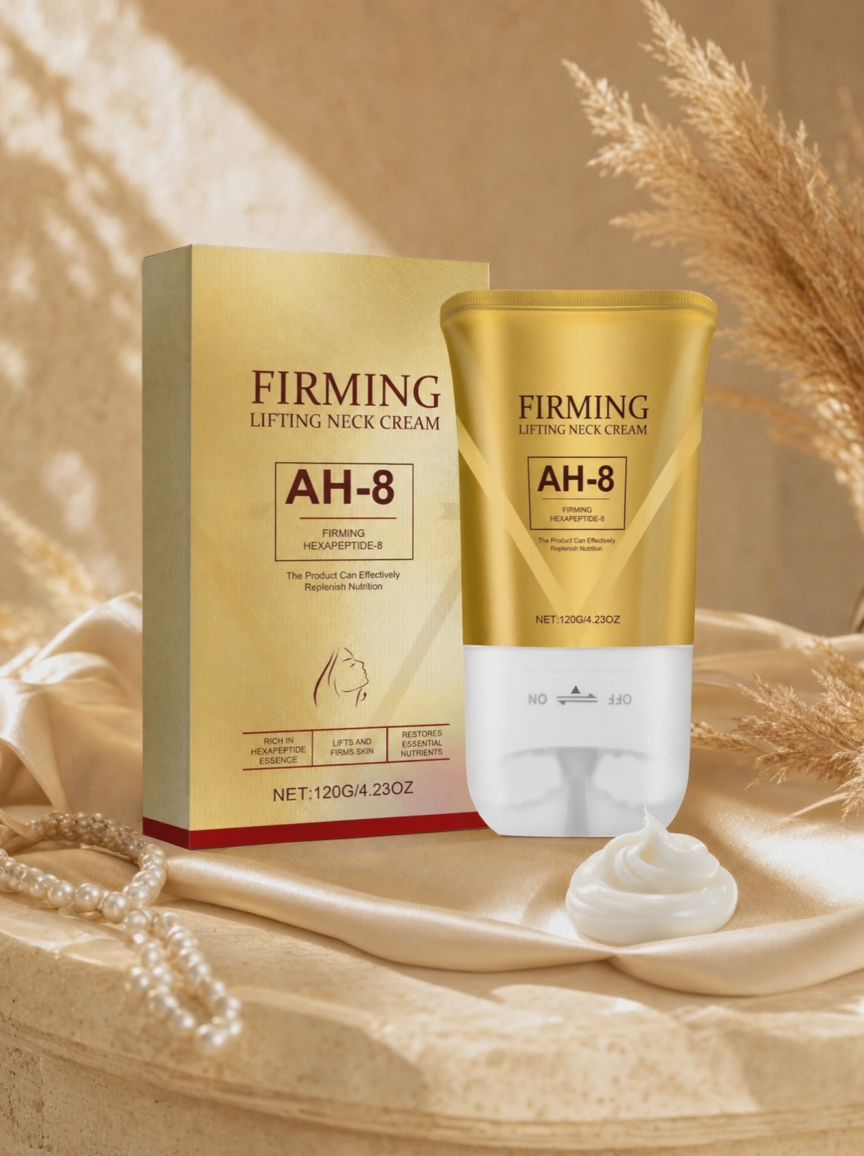 AH-8 Firming Neck Cream in golden-hour light with pampas grass and pearls