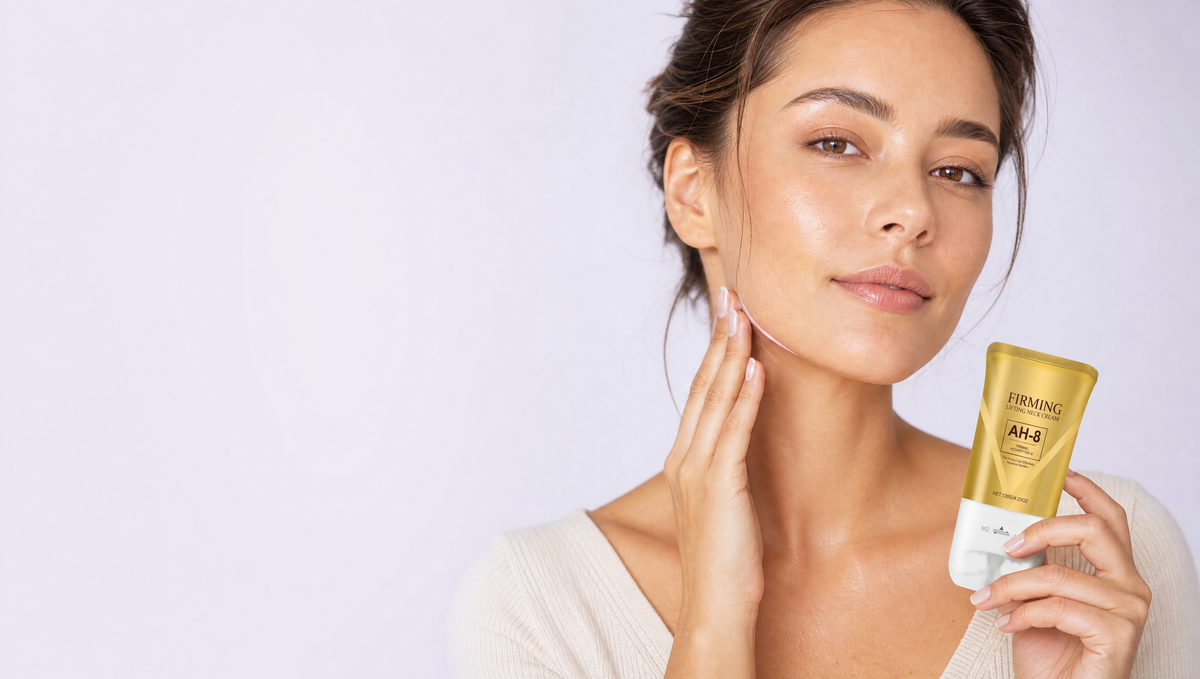 Woman smoothing AH-8 Firming Neck Cream along her jawline