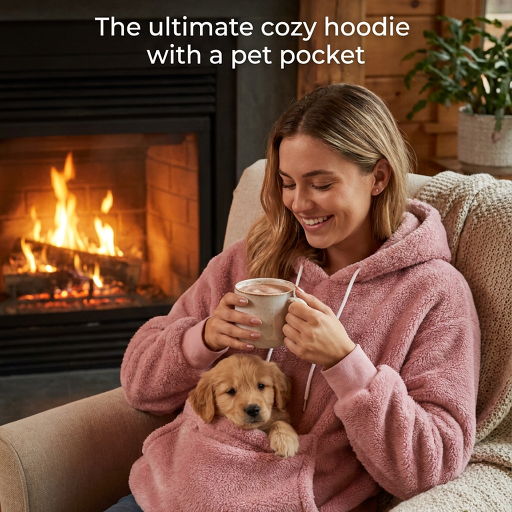 Woman in a pink fleece SnugglePaws hoodie by the fireplace with a puppy peeking out of the pet pocket